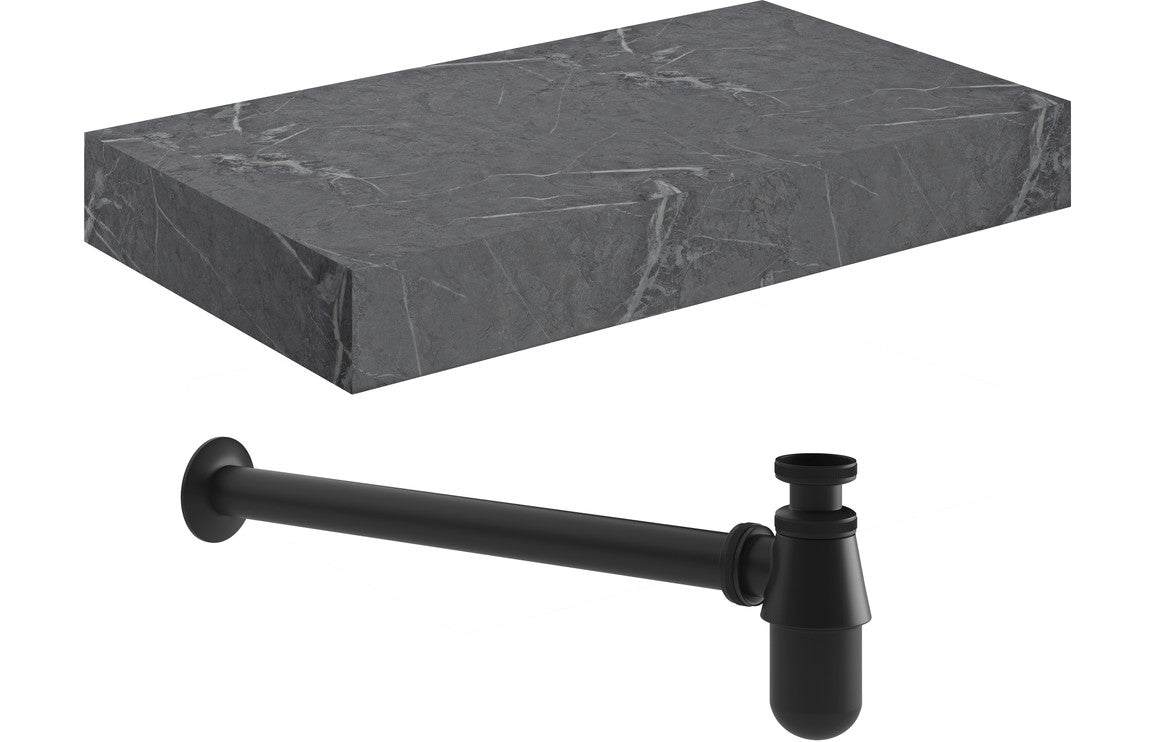 Natural 800mm Wall Hung Grey Marble Basin Shelf & Black Bottle Trap