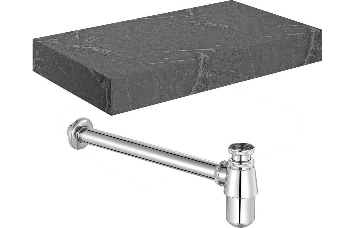 Natural 800mm Wall Hung Grey Marble Basin Shelf & Chrome Bottle Trap