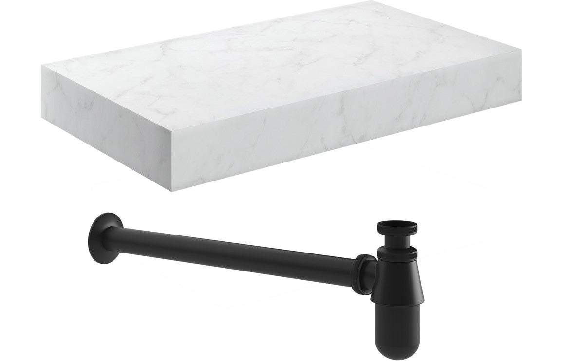 Natural 800mm Wall Hung White Marble Basin Shelf & Black Bottle Trap
