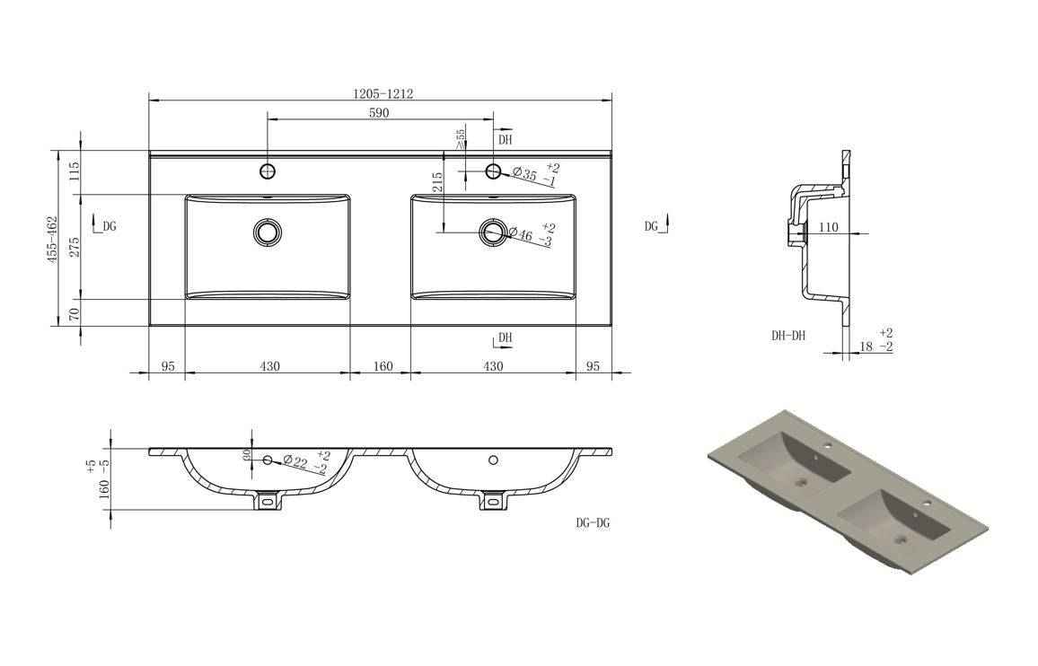  Push 1210mm Wall Hung 4 Drawer Basin Unit & 2Tap Holes Thin 