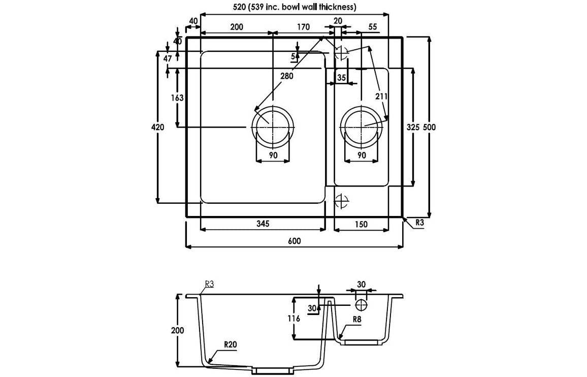 Abode Zero 1.5B Granite Inset Sink - White