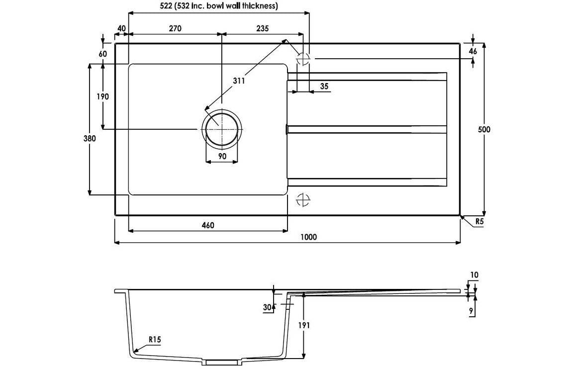 Abode Zero 1B & Drainer Granite Inset Sink - Grey Metallic