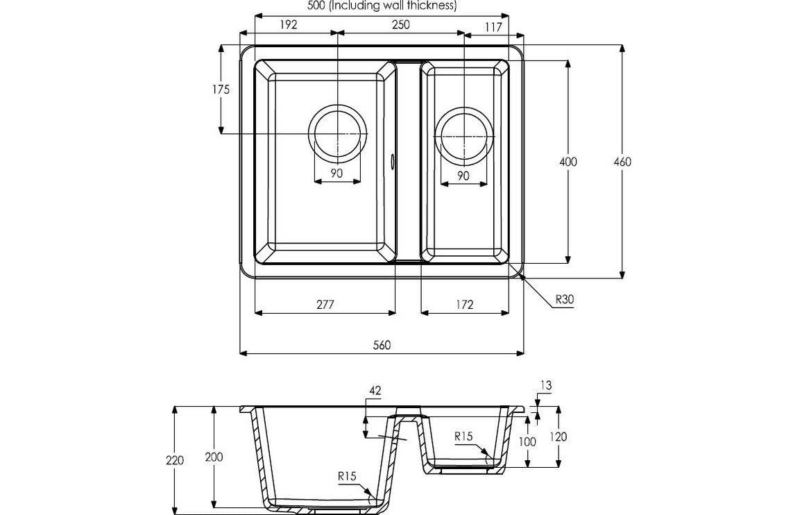 Abode Matrix Sq GR15 1.5B Granite Inset/Undermount Sink - Grey Metallic