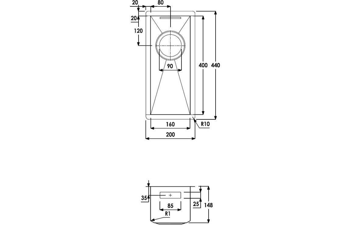 Abode Matrix R0 160mm Square 0.5B Undermount Sink - St/Steel