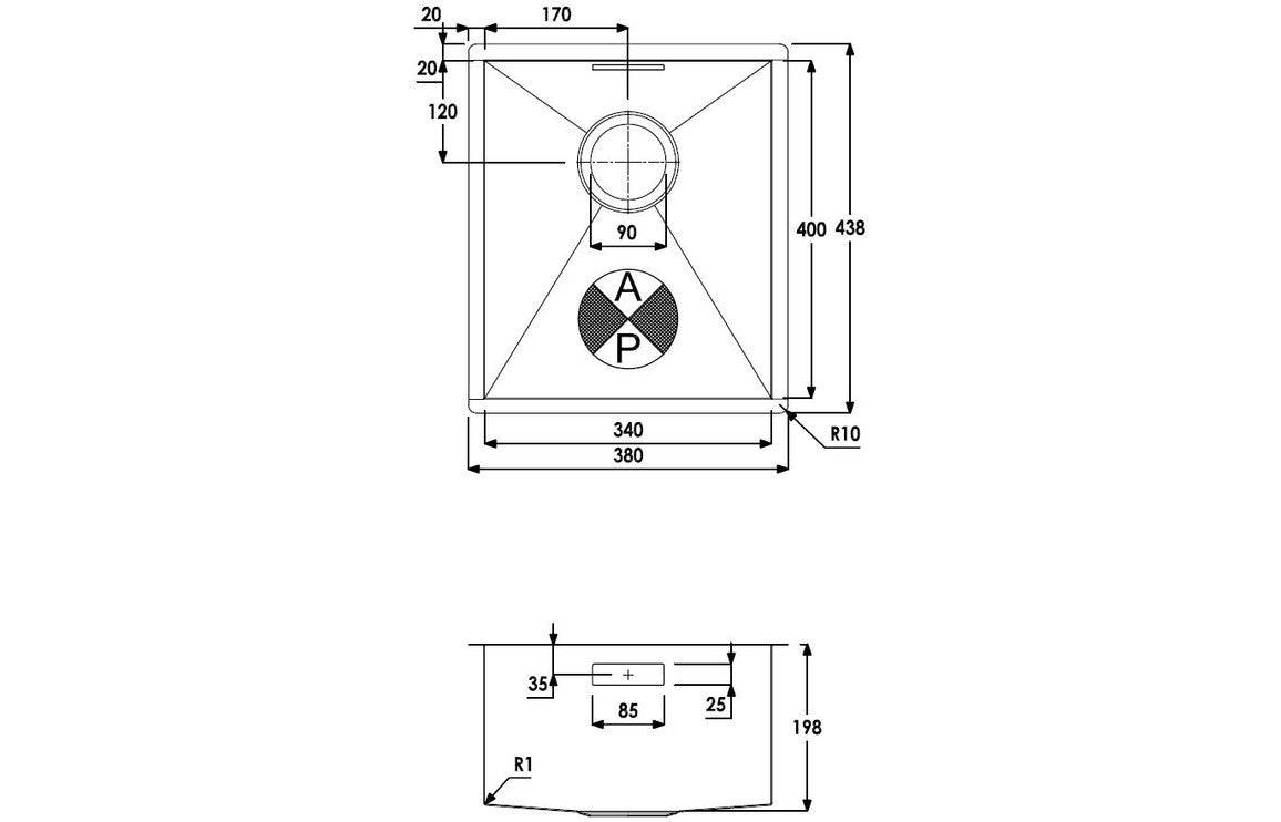 Abode Matrix R0 340mm Square 1B Undermount Sink - St/Steel