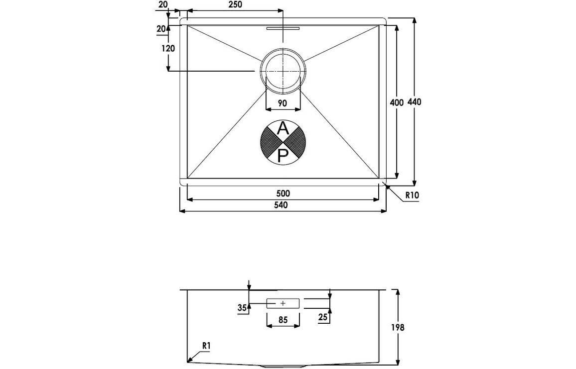 Abode Matrix R0 500mm 1B Undermount Sink - St/Steel