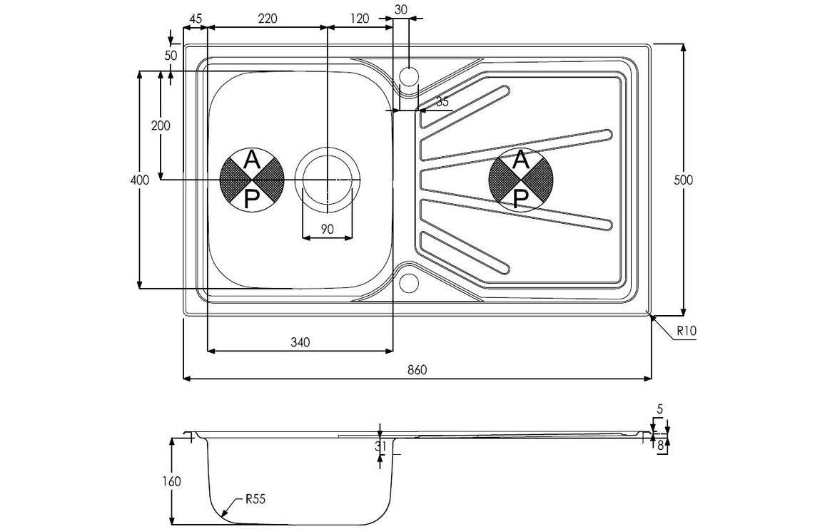 Abode Trydent 1B & Drainer Inset Sink - St/Steel