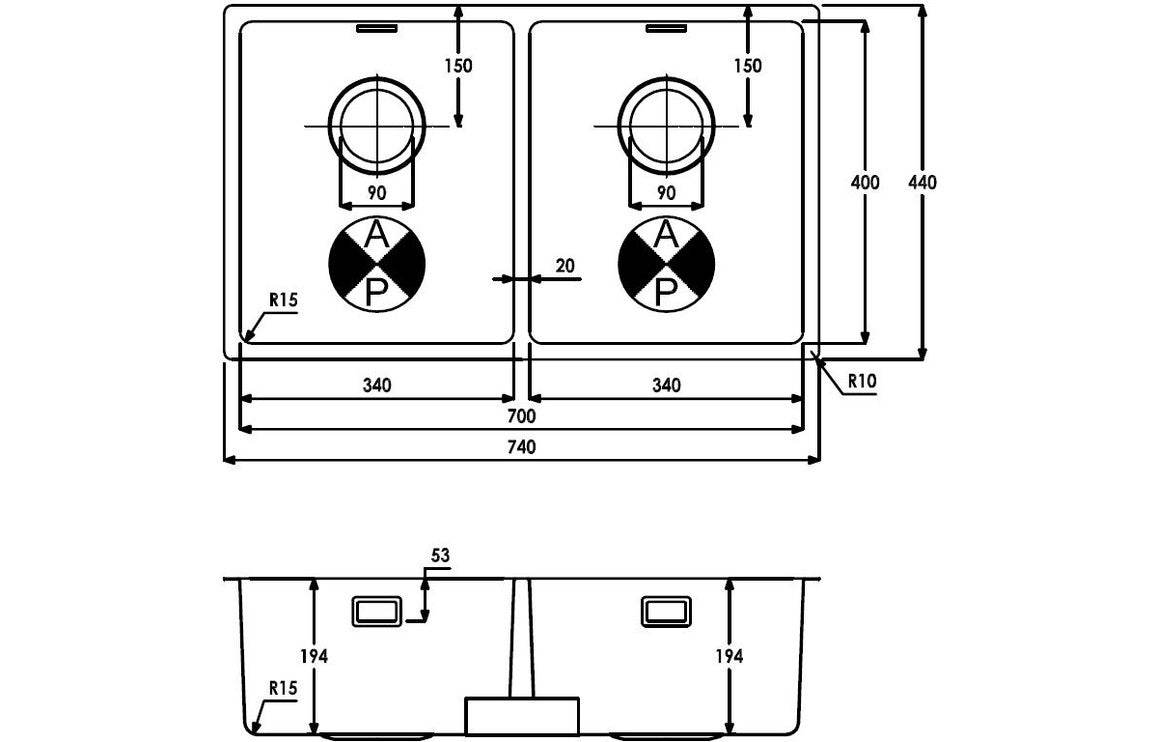 Abode Matrix R15 2B 700mm Undermount/Inset Sink - St/Steel