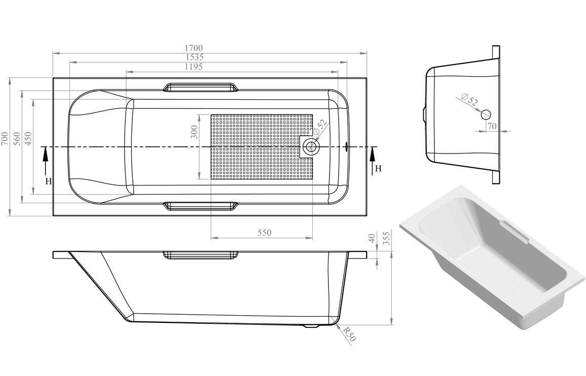 Baltimore Gripped 1500/1600/1700x700x550mm 0TH Bath w/Legs