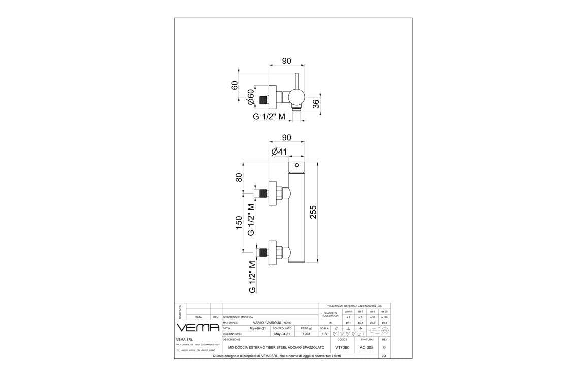 Vema Tiber Single Outlet Bar Valve - St/Steel