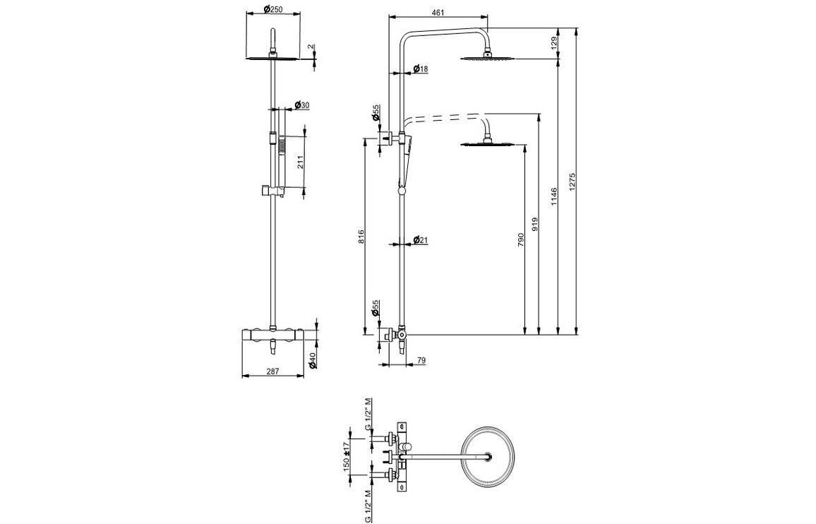 Vema Thermostatic Shower Column w/Fixed Head & Riser - Matt Black