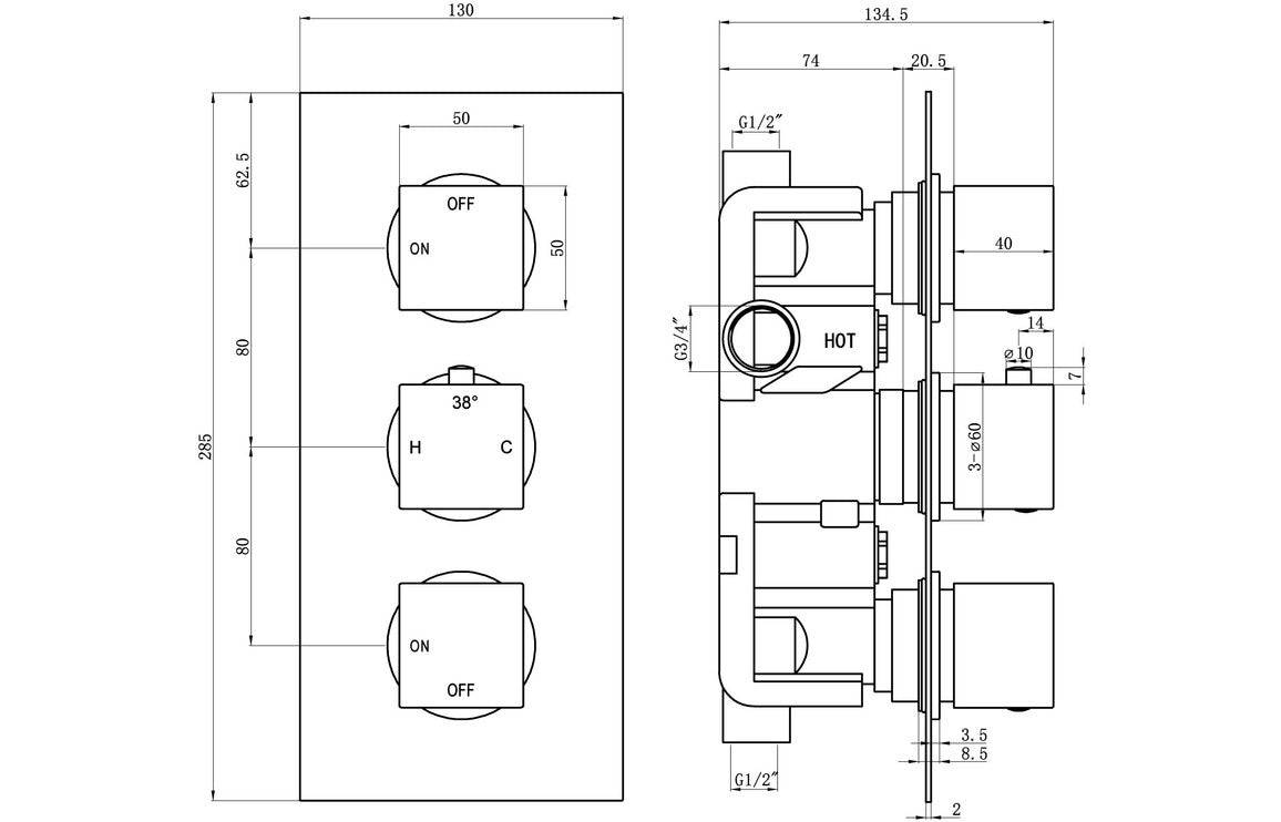 Cosmic Thermostatic Two Outlet Triple Shower Valve - Chrome