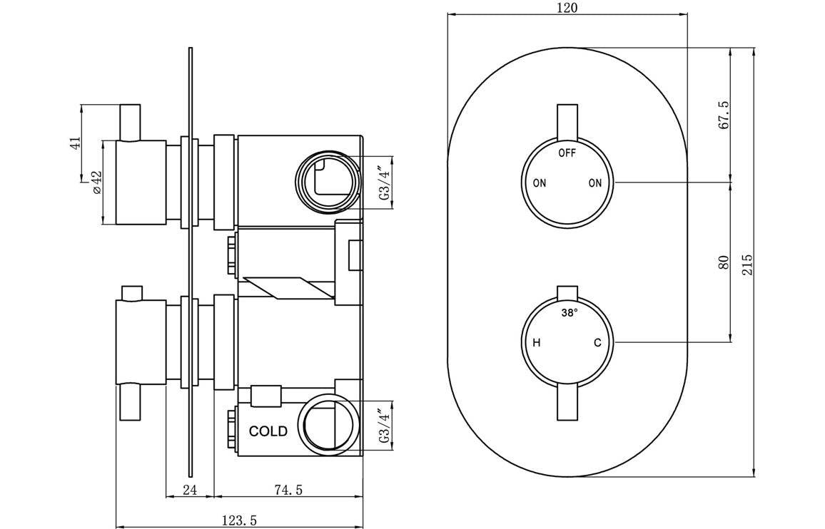 Two Outlet Shower Valve - Brushed Brass