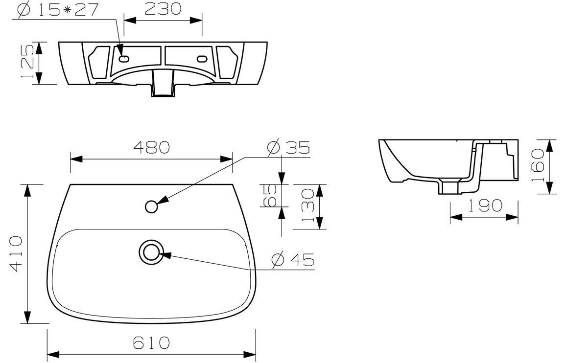 Tilia 600x400mm 1TH Basin & Semi Pedestal