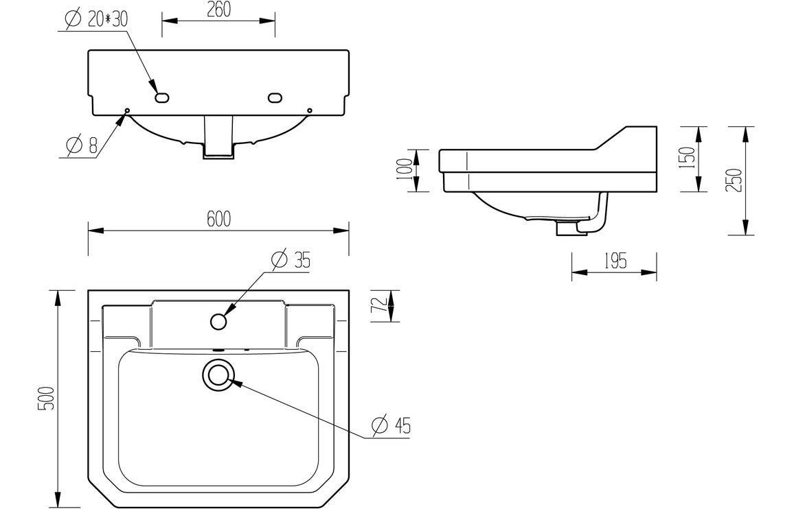 Sherbourne 600x500mm 1TH Basin & Full Pedestal