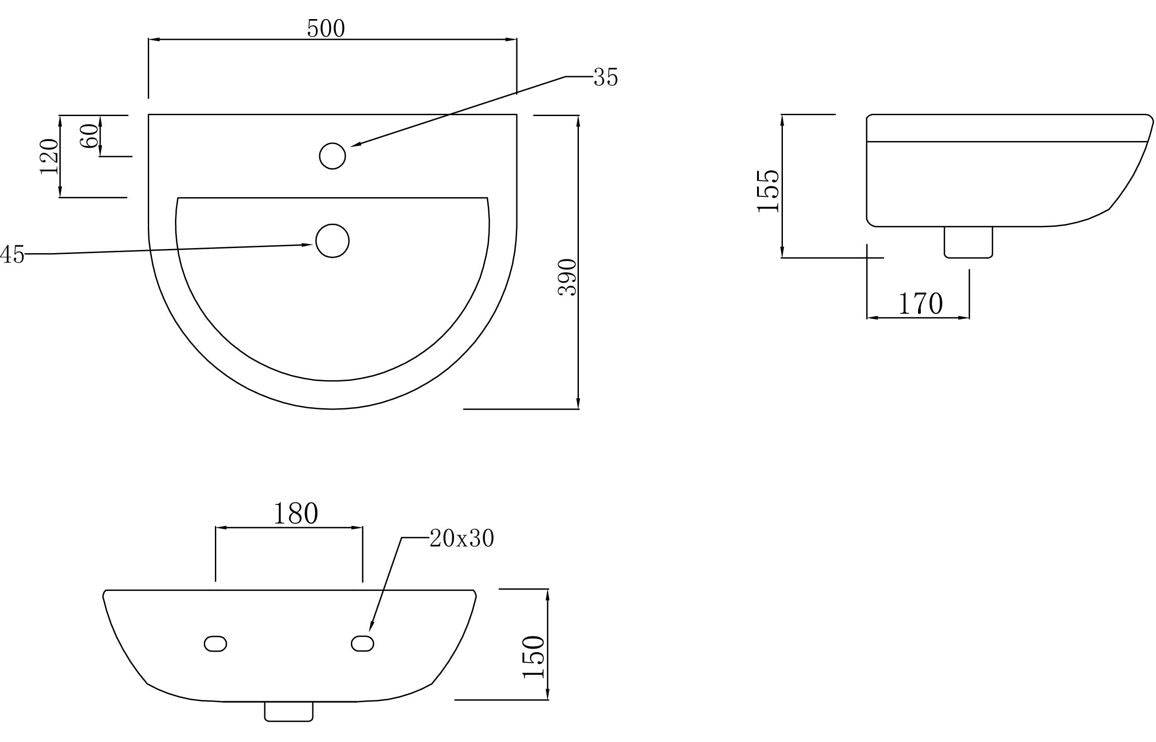 Laurus 500x390mm 1TH Basin & Full Pedestal
