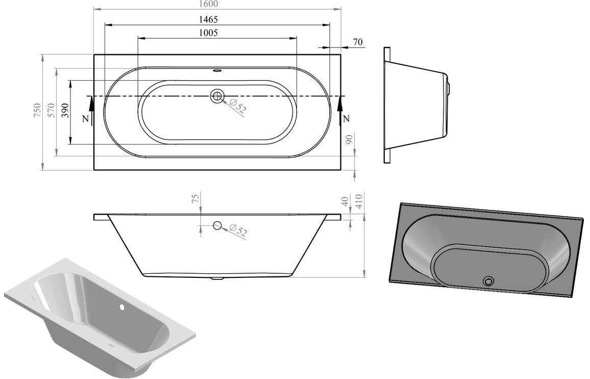 Miami Round Double Ended 1600x700 or 750 or 800x550mm 0TH Bath w/Legs