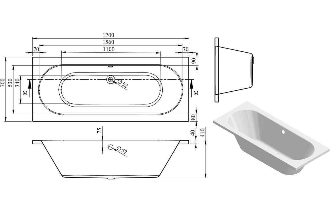 Miami Round Double Ended 1600x700 or 750 or 800x550mm 0TH Bath w/Legs