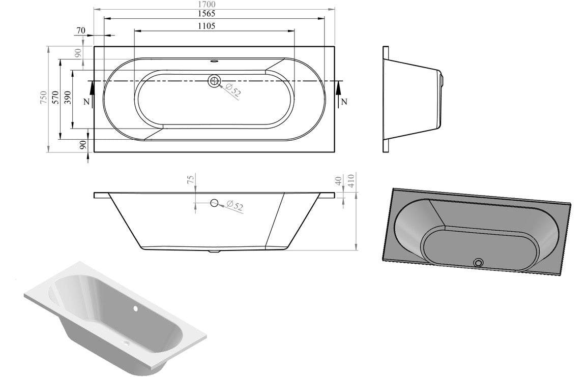 Miami Round Double Ended 1600x700 or 750 or 800x550mm 0TH Bath w/Legs