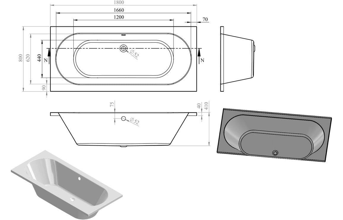 Miami Round Double Ended 1600x700 or 750 or 800x550mm 0TH Bath w/Legs