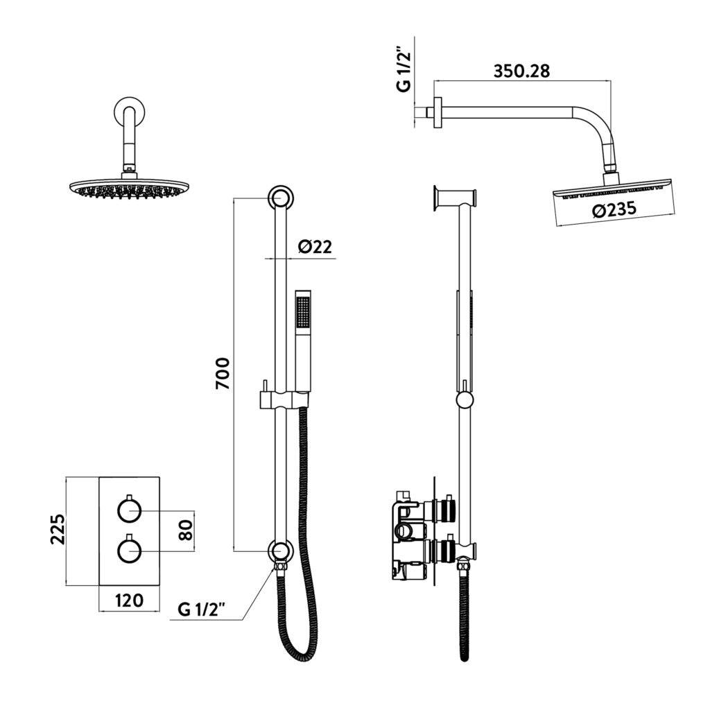 Core Brushed Brass Round Handle, Head & Handset Riser Kit