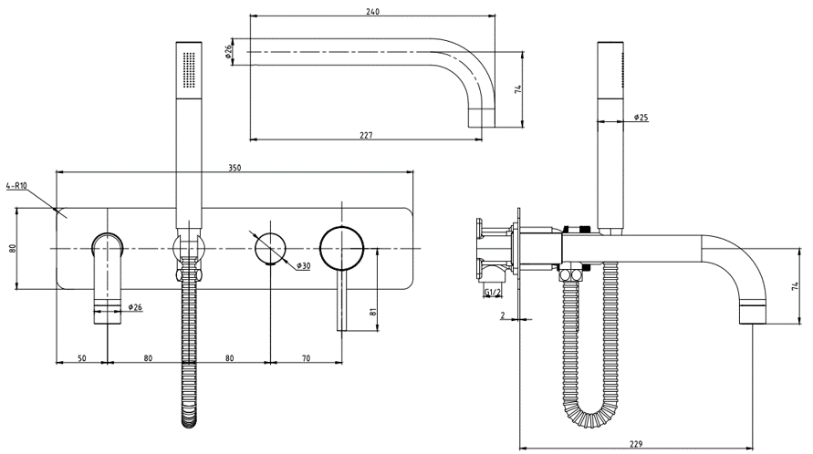 Wall Mounted Bath Shower Mixer & Handset Brushed Brass