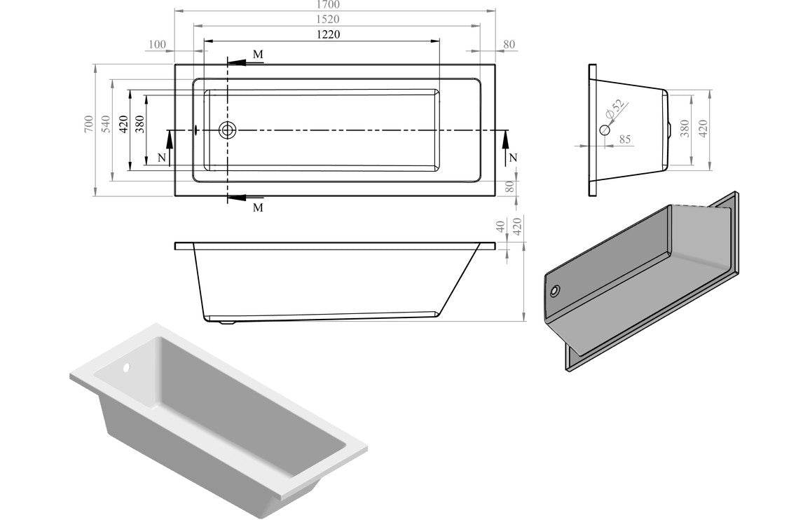 Navarre Square Single Ended SUPERCAST 1700x700/750x550mm 0TH Bath w/Legs