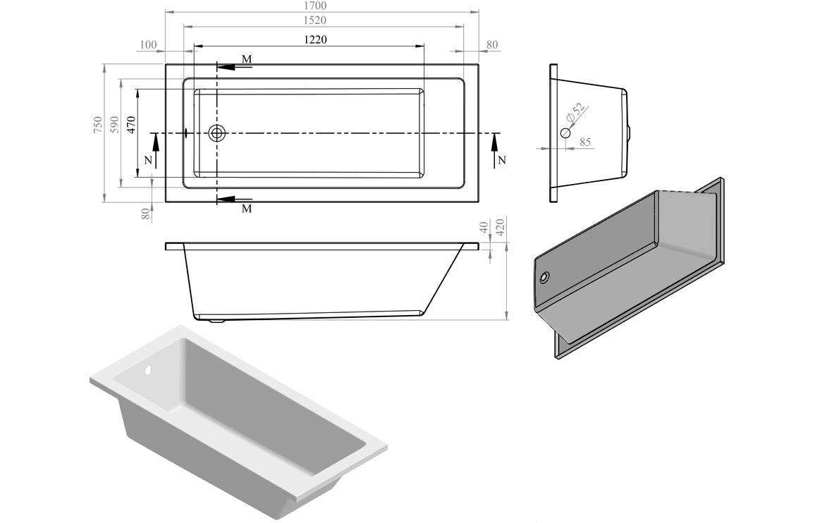 Navarre Square Single Ended SUPERCAST 1700x700/750x550mm 0TH Bath w/Legs