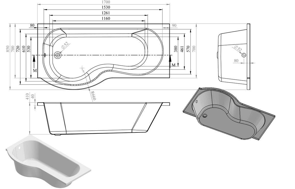 Ora P Shape 1700x850x560mm 0TH Shower Bath Pack (LH) or (RH)