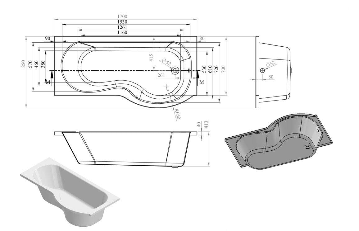 Ora P Shape 1700x850x560mm 0TH Shower Bath Pack (LH) or (RH)