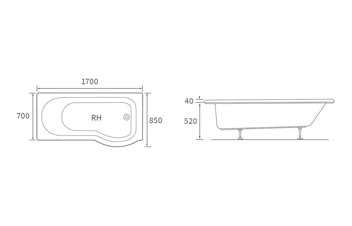 Ora P Shape 1700x850x560mm 0TH Shower Bath Pack (LH) or (RH)