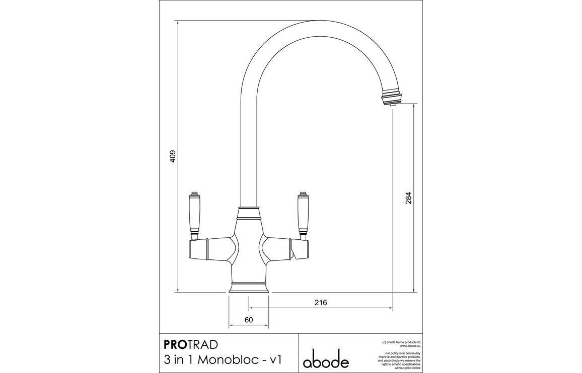 Abode ProTrad 3 IN 1 Monobloc Tap - Chrome, Brushed Nickel, Antique Brass