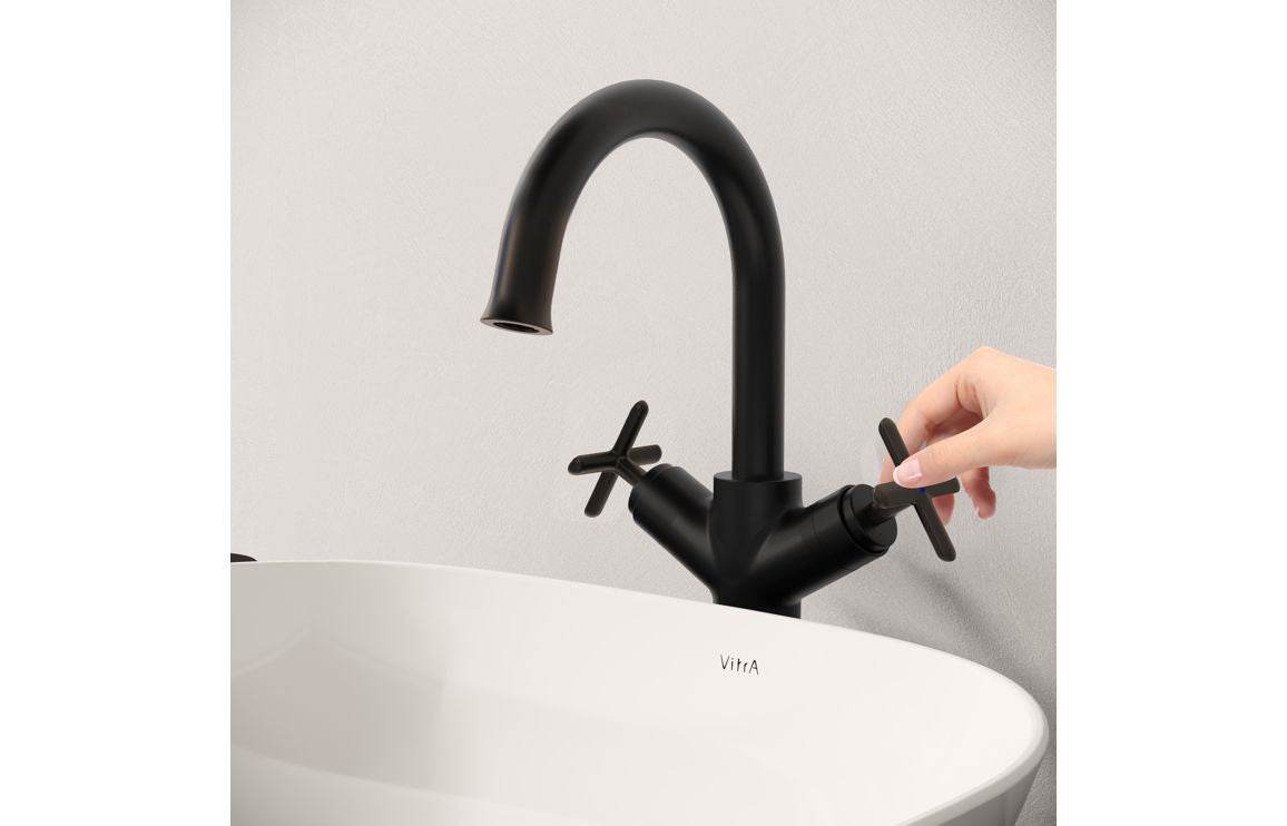 VitrA Origin Classic Tall Basin Mixer (Cross Handles): Brushed Gold, Chrome, Matt Black, Soft Copper