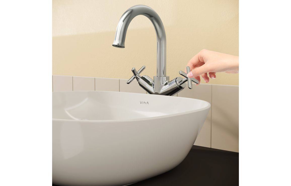 VitrA Origin Classic Tall Basin Mixer (Cross Handles): Brushed Gold, Chrome, Matt Black, Soft Copper