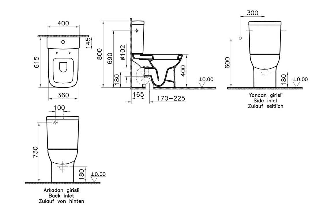 VitrA S20 Open Back Close Coupled Pan Only - White