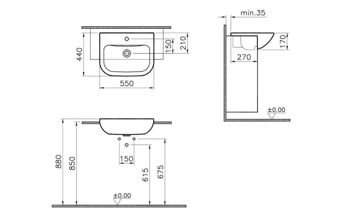 VitrA S20 550x445mm Semi Recessed Basin - White