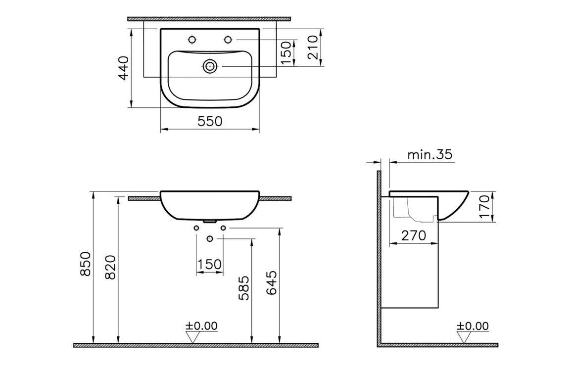 VitrA S20 550x445mm Semi Recessed Basin - White
