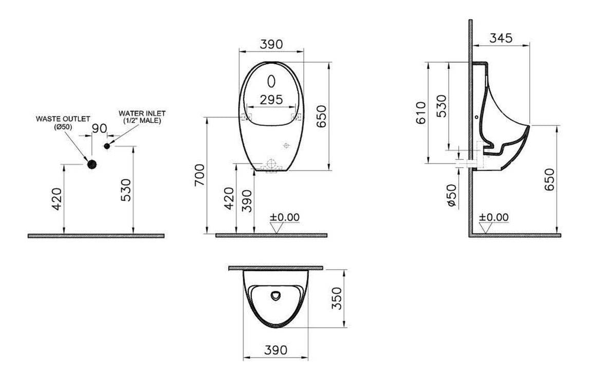 VitrA Urinal w/Integrated Flush - White