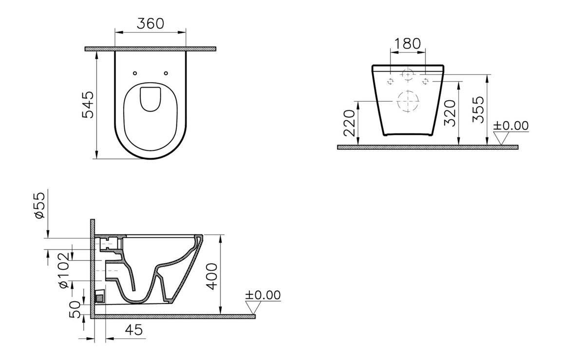 VitrA Integra Rimless Wall Hung Pan Only (Hidden Fix) - White