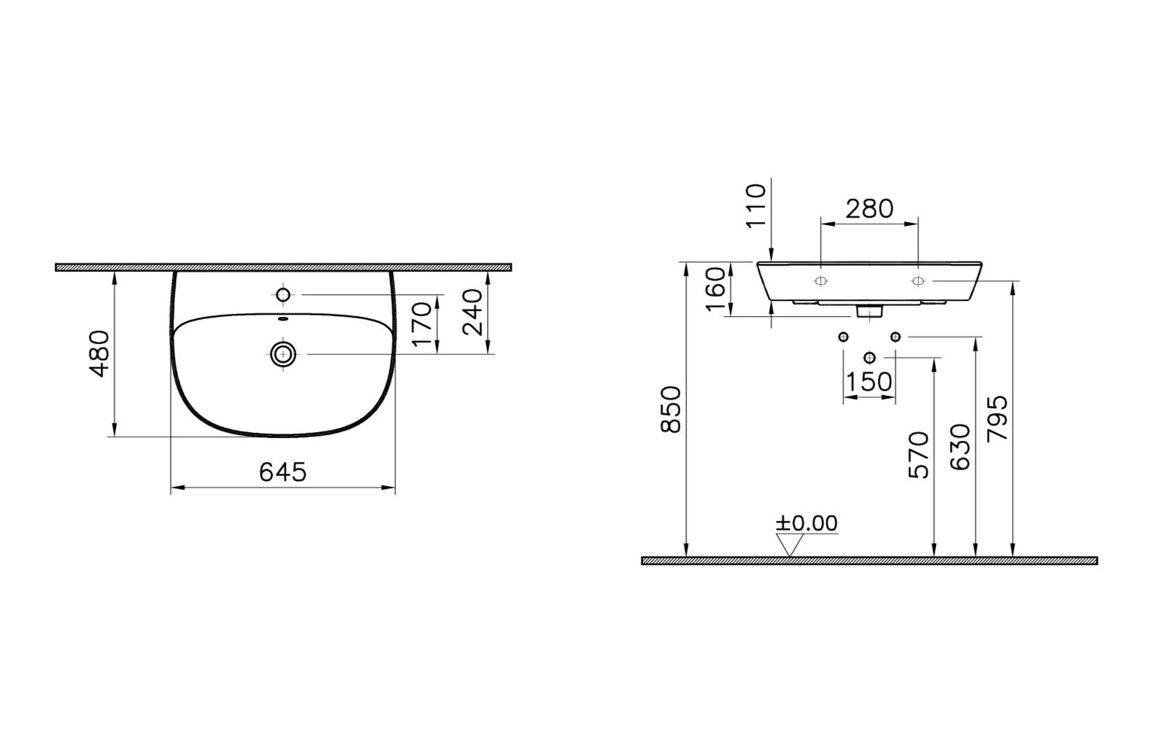 VitrA Zentrum 645x480mm 1TH Basin w/Overflow - White