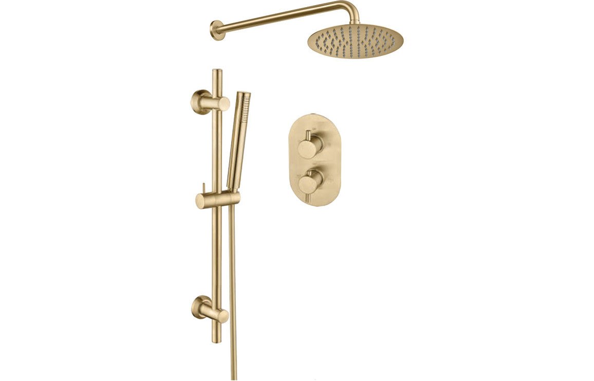 Two Outlet Shower Valve w/Riser & Overhead Kit - Brushed Brass