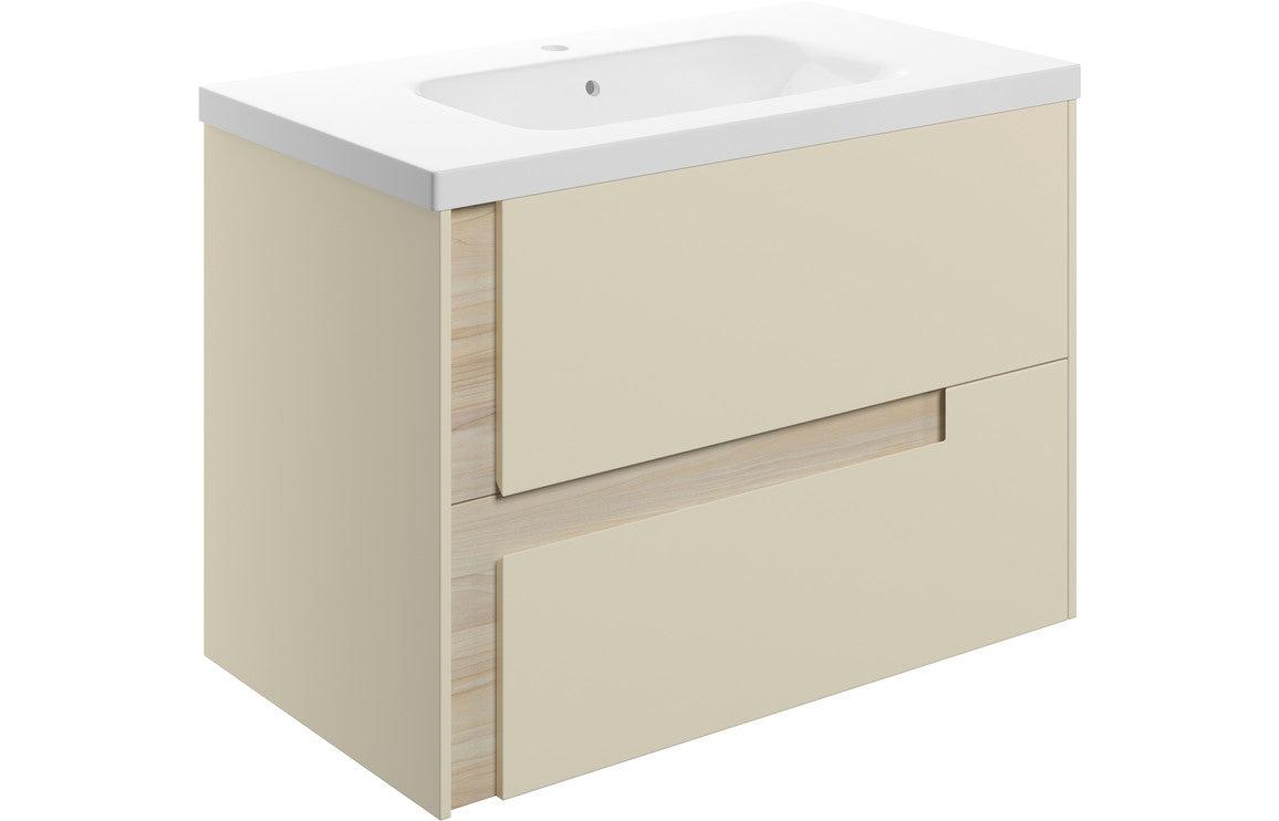 Contrast 815mm Wall Hung 2 Drawer Basin Unit & White Basin - Matt Cotton & Oak Effect