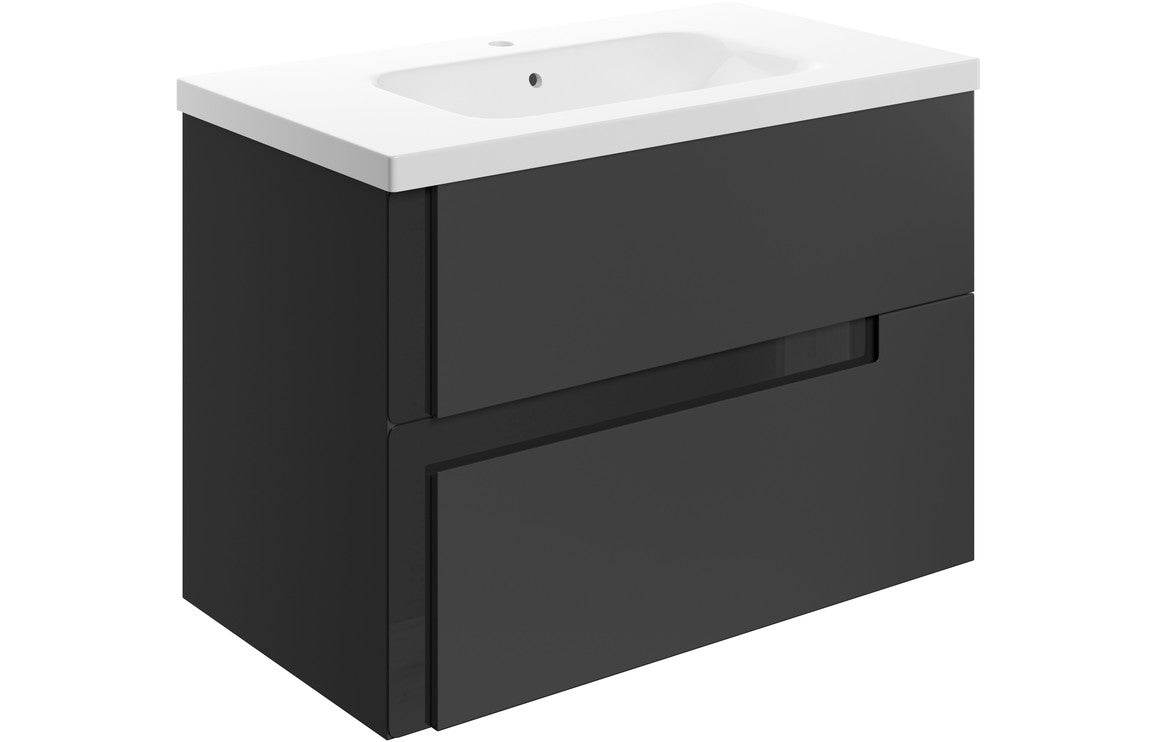 Contrast 815mm Wall Hung 2 Drawer Basin Unit & White Basin - Matt Black & Glass