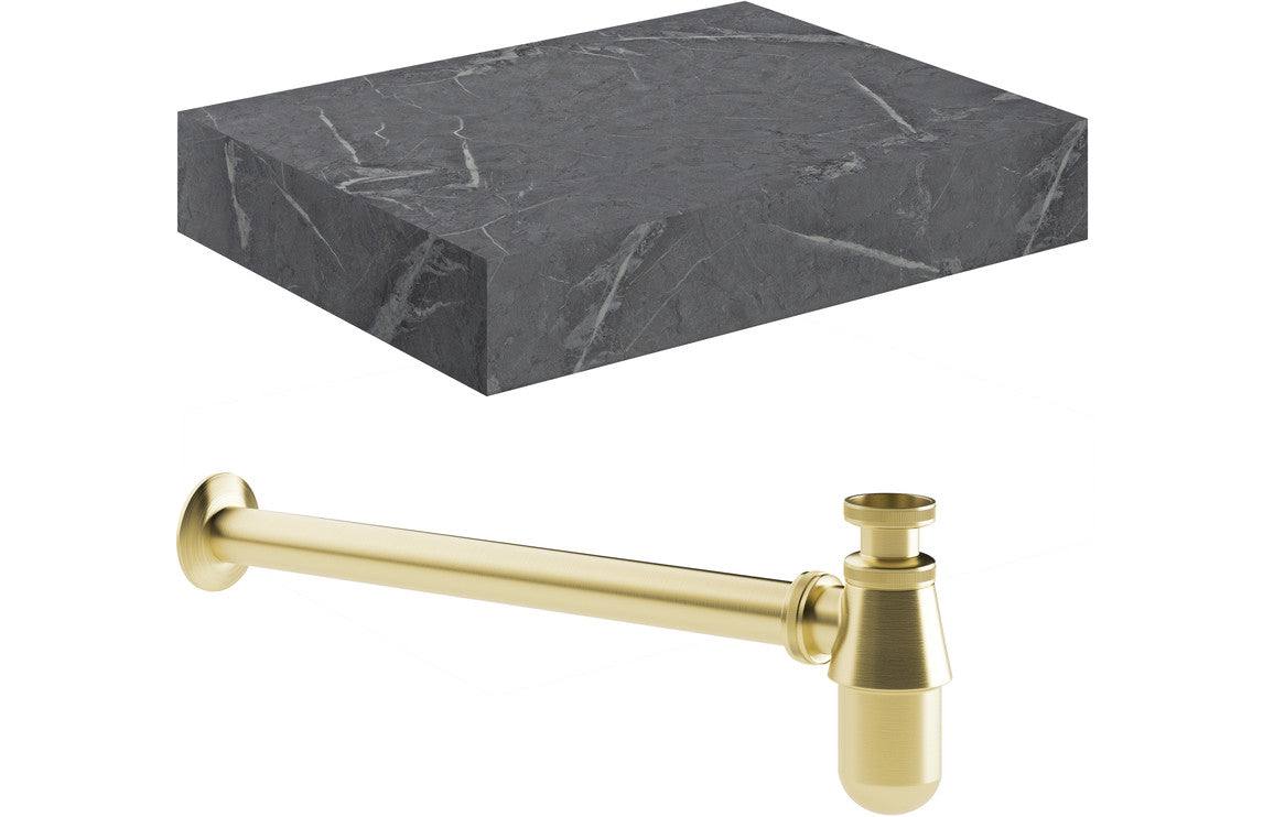 Natural 600mm Wall Hung Grey Marble Basin Shelf & Brushed Brass Bottle Trap