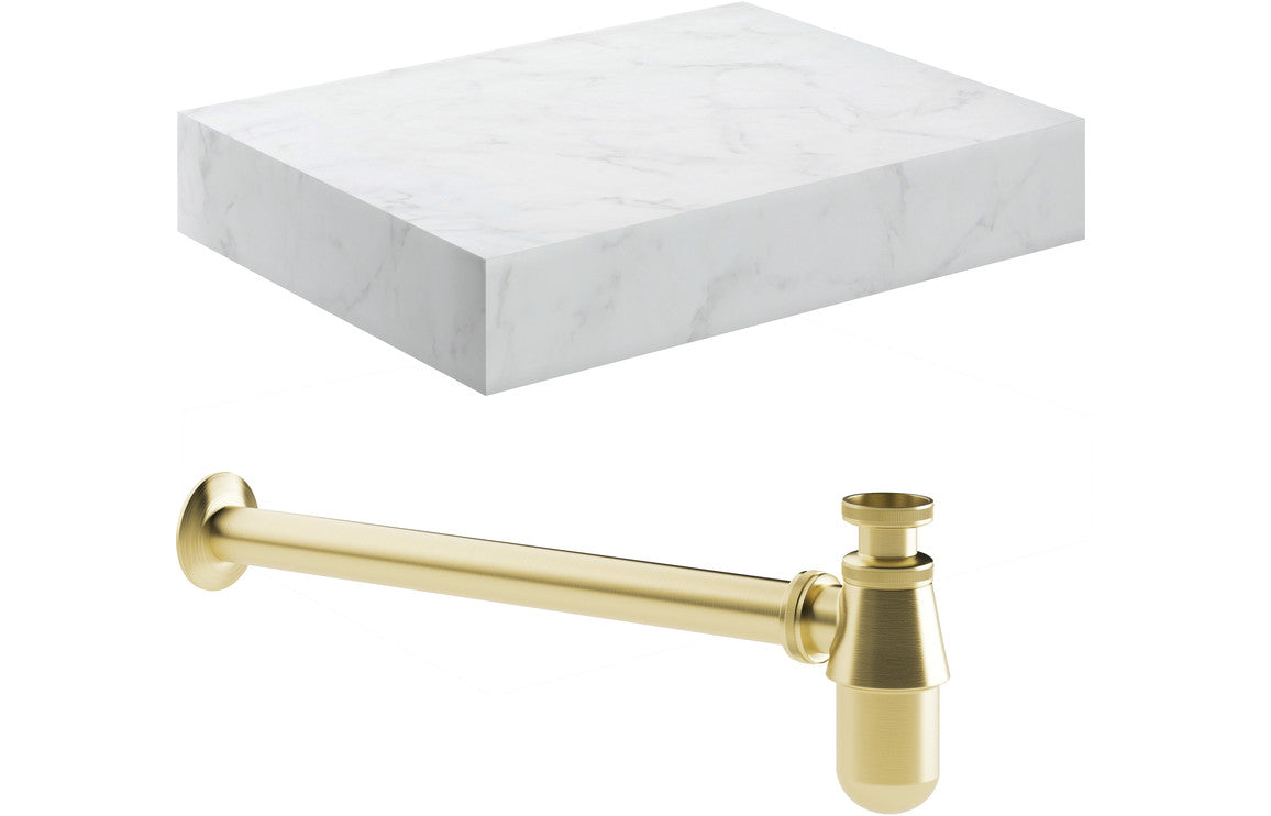 Natural 600mm Wall Hung White Marble Basin Shelf & Brushed Brass Bottle Trap