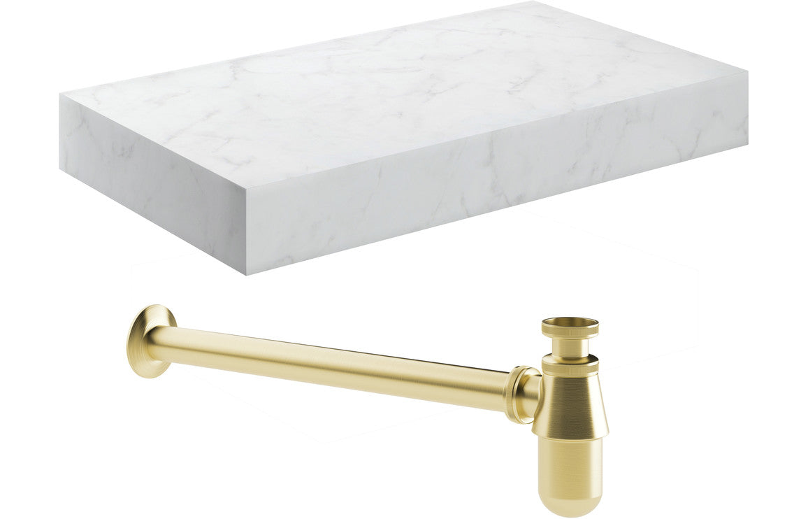 Natural 800mm Wall Hung White Marble Basin Shelf & Brushed Brass Bottle Trap