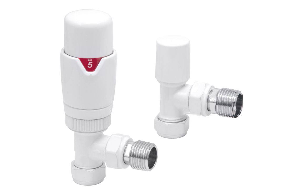 Round Thermostatic White Radiator Valves - Angled