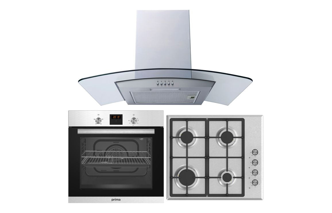 Prima Oven  Gas Hob & Curved Glass Chimney Hood Pack - St/Steel